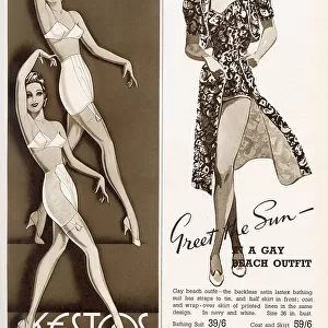 Two adverts from Kestos, brassieres and girdles and Debenham & Freebody beach outfit. Date: May 1940