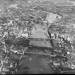 An aerial view of the River Thames looking east