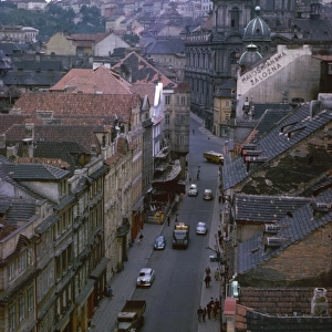 Aerial view of a street in an East European town
