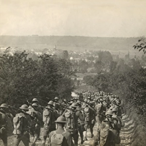 American troops marching along a road, France, WW1