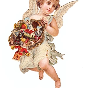 Angel with basket of toys on a Victorian Christmas scrap