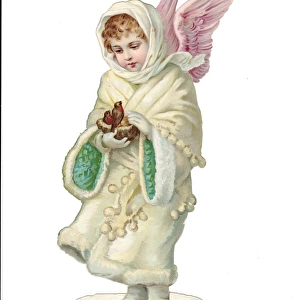Angel with nest of robins on a Victorian Christmas scrap