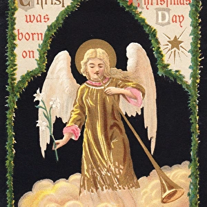 Angel with trumpet on a Christmas card