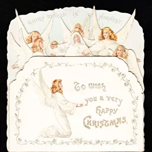 Angels, Mary and Baby Jesus on a cutout Christmas card