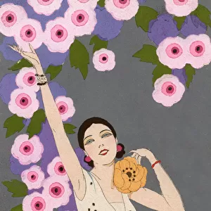 Art Deco girl with pink flowers