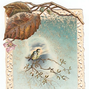 Birds and mistletoe on a New Year card