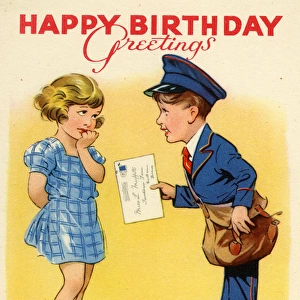 Birthday card, girl and postman