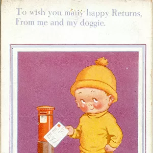 Birthday postcard, Little boy, dog and pillar box