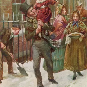 Print of Bob Cratchit and Tiny Tim walking towards a Christmas dinner Print of Bob Cratchit and Tiny Tim walking towards a Christmas dinner