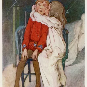 Print of Peter Pan being kissed gently on the cheek by Wendy Print of Peter Pan being kissed gently on the cheek by Wendy
