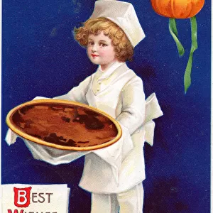 Boy with an empty dish on a Thanksgiving postcard