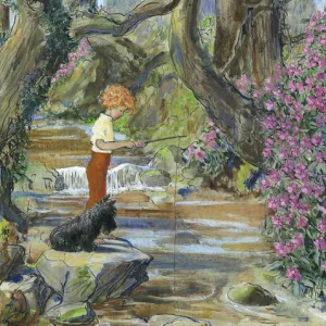 Boy fishing in stream by Muriel Dawson