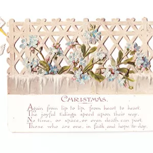 Boy and girl with floral trellis on a cutout Christmas card