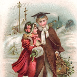 Boy and girl reunited on a Christmas card