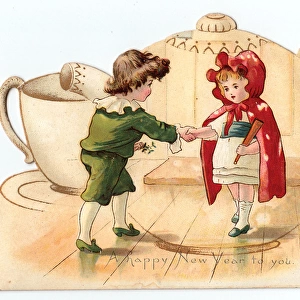 Boy and girl shaking hands on a New Year card