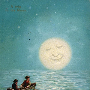 Two boys boating by moonlight on a Christmas card