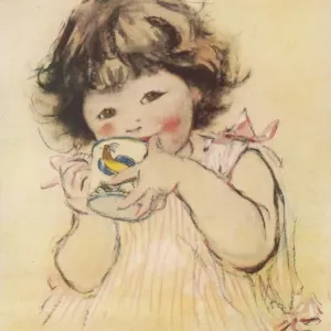 Child Sipping from a Cockerel Mug Print Child Sipping from a Cockerel Mug Print