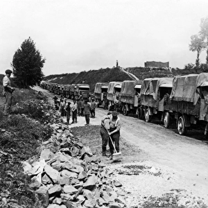 British lorries on a road, Western Front, WW1