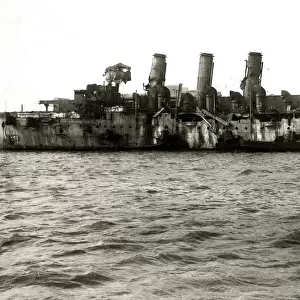 British ship showing battle damage