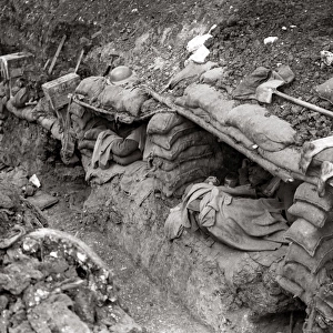 British soldiers asleep in dugout bunks, WW1