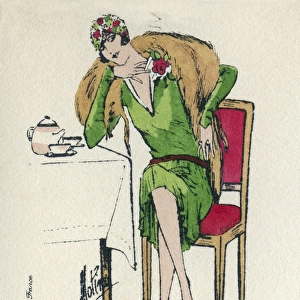 Business card design, woman taking tea