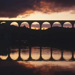 Calstock Viaduct at sunset, River Tamar, Cornwall