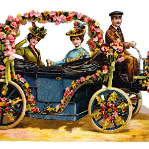 Car with passengers and pink flowers on a Victorian scrap