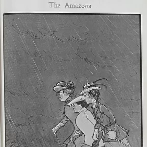 Caricature illustration by H M Bateman of three women and a dog, marching with determination in the rain. Captioned, The Amazons: a study in Modern Femininity