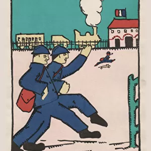 Cartoon, French soldiers departing on leave, WW1