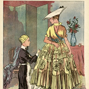 Cartoon, Woman trying on new dress, WW1