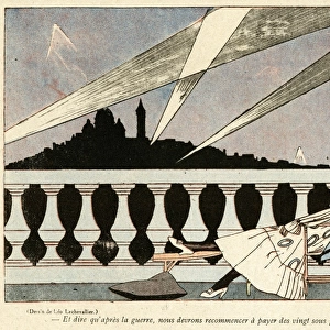 Cartoon, Women watching searchlights, WW1