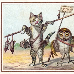 Cat and owl as rat catchers on a Christmas card