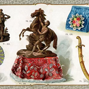 Catalogue illustration, embroidered cloth, mirror, etc