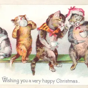 Four Cats Drinking Tea Print circa 1890s Four Cats Drinking Tea Print circa 1890s
