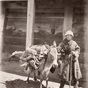 Caucasus Georgia - Georgian man with a heavily laden donkey