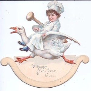 Chef riding a goose on a movable New Year card