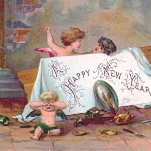 Three cherubs fighting on a New Year card