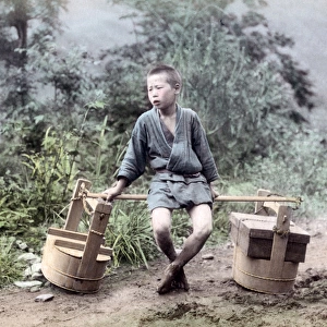 Child street vendor with baskets, Japan, circa 1880s