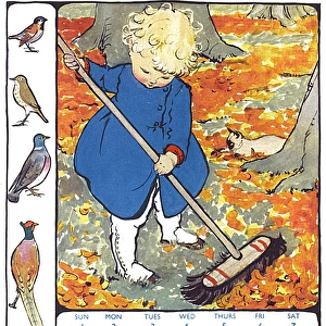 Child sweeping autumn leaves by Muriel Dawson