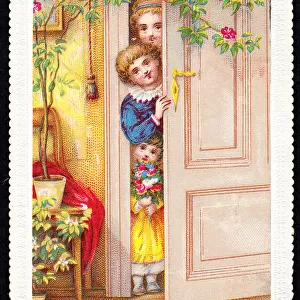Three children behind a door on a Christmas card