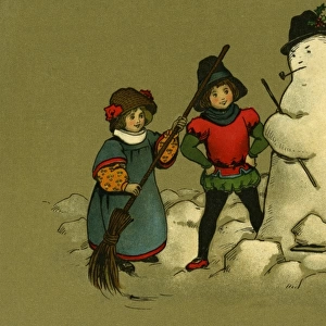 Three children with a snowman