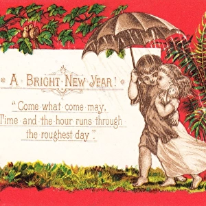 Children under umbrella on a New Year card