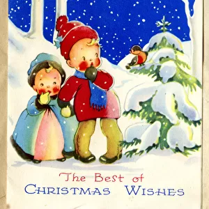 Christmas card, Children in the snow looking at a robin