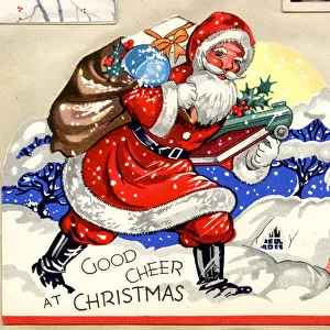 Christmas card, Santa Claus with sack and presents