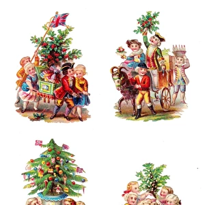 Christmas scenes on four Victorian scraps