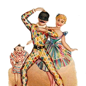 Clown, Harlequin and Columbine on a Victorian scrap