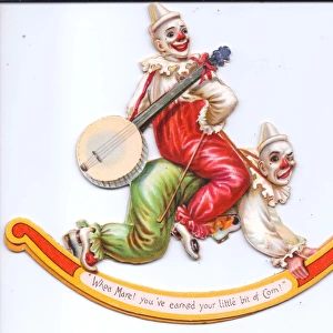 Two clowns on a rocking horse on a movable cutout card