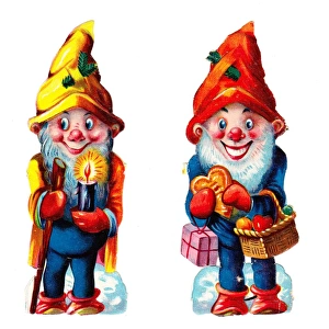 Colourful gnomes on two Victorian Christmas scraps