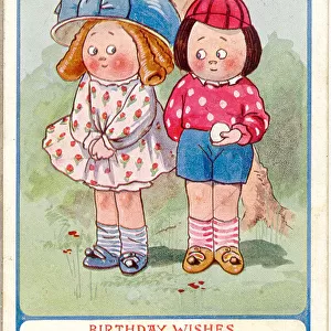 Comic birthday postcard, Girl and boy Date: 20th century