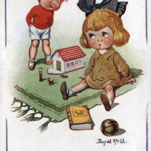 Comic postcard, Boy and girl playing Date: circa 1918